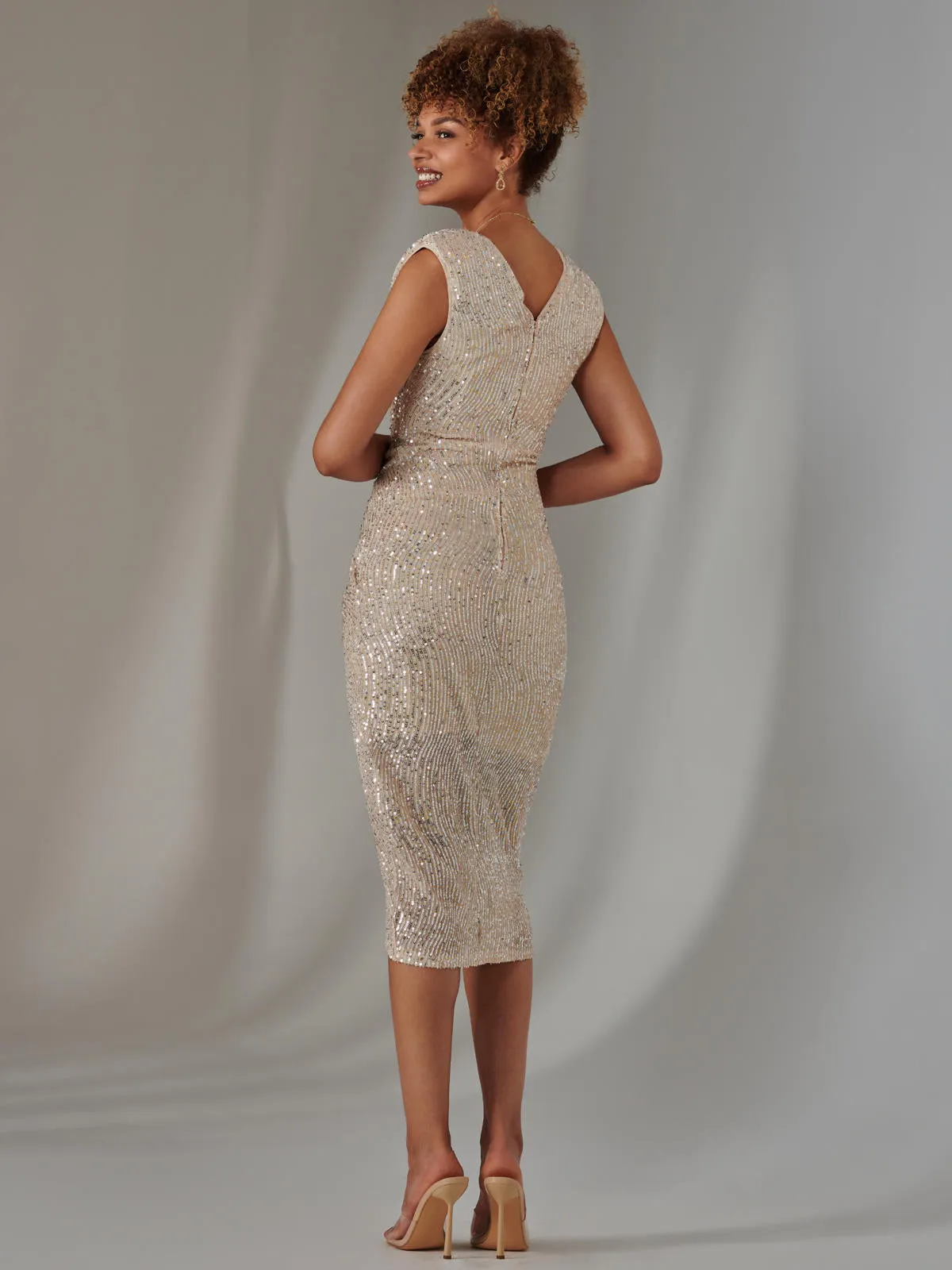 Aisla Ruched Sequin Bodycon Dress, Beige Silver