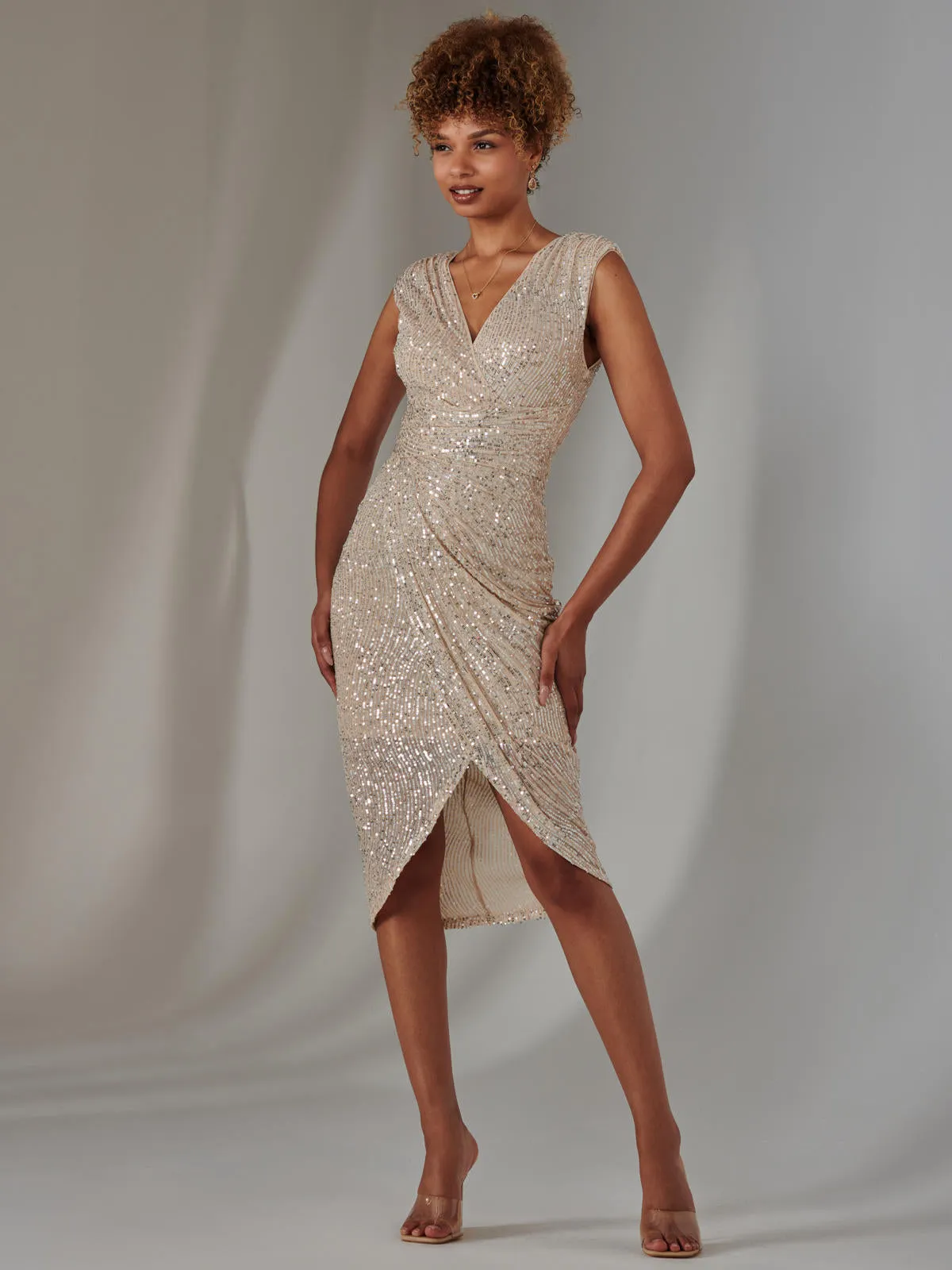 Aisla Ruched Sequin Bodycon Dress, Beige Silver
