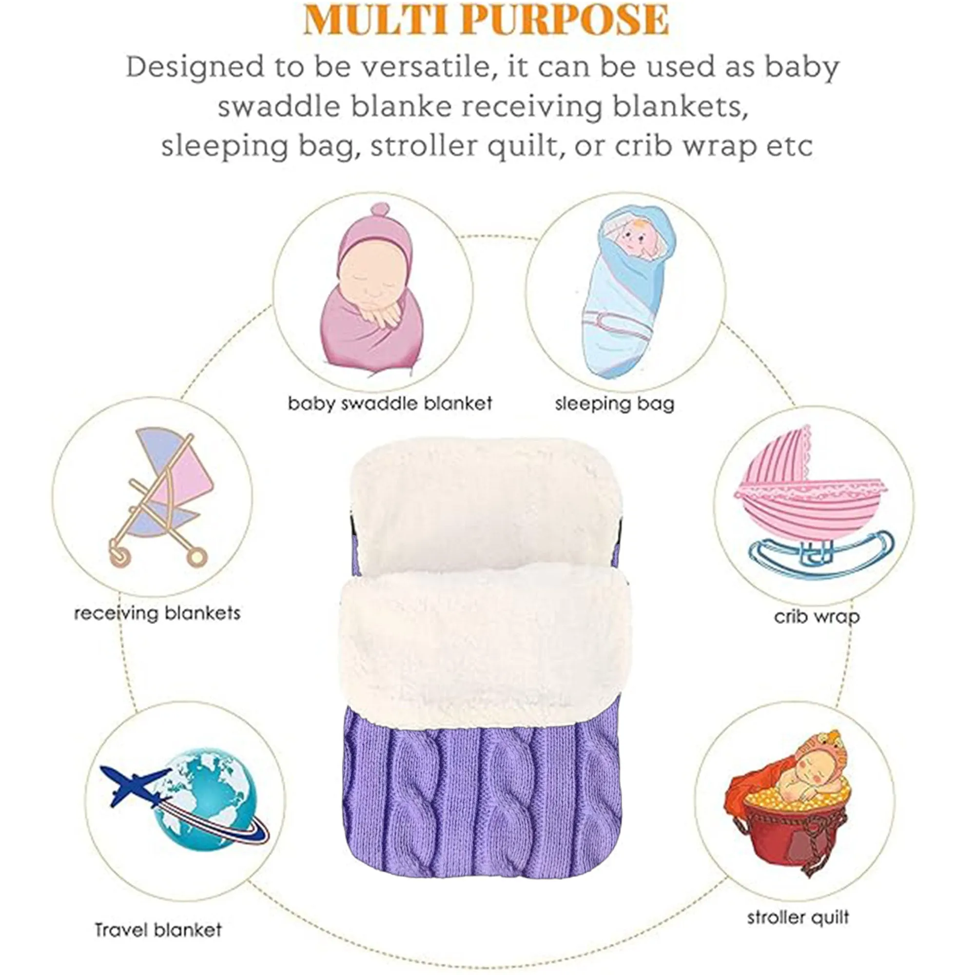 Babymoon Organic Knitted Woolen Fleece Swaddle Wrap | Baby Sleeping Bag | Purple