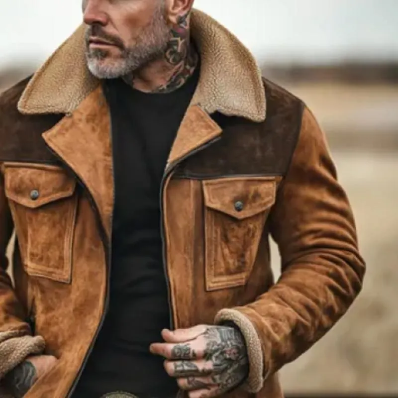 BACKWOODS | Men's Colorblock Suede and Polar Fleece Lapel Mid-Length Coat