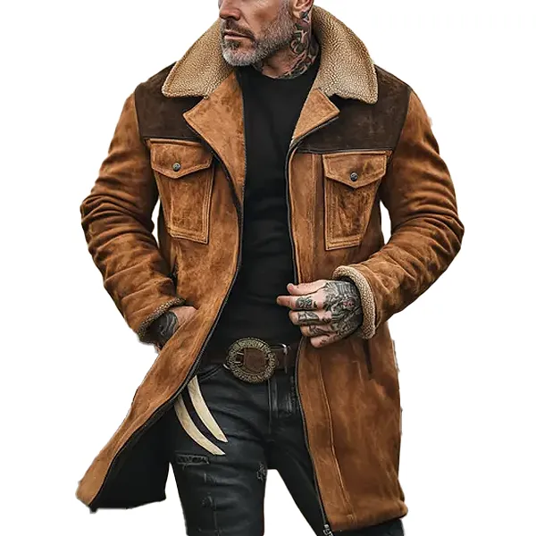 BACKWOODS | Men's Colorblock Suede and Polar Fleece Lapel Mid-Length Coat