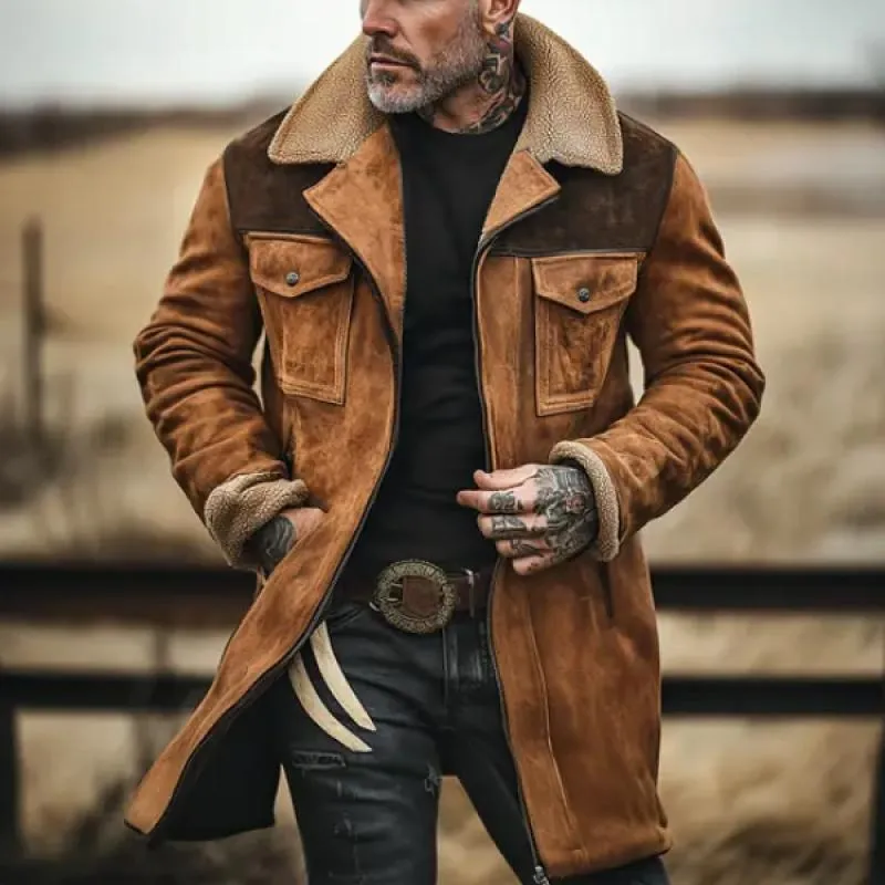 BACKWOODS | Men's Colorblock Suede and Polar Fleece Lapel Mid-Length Coat