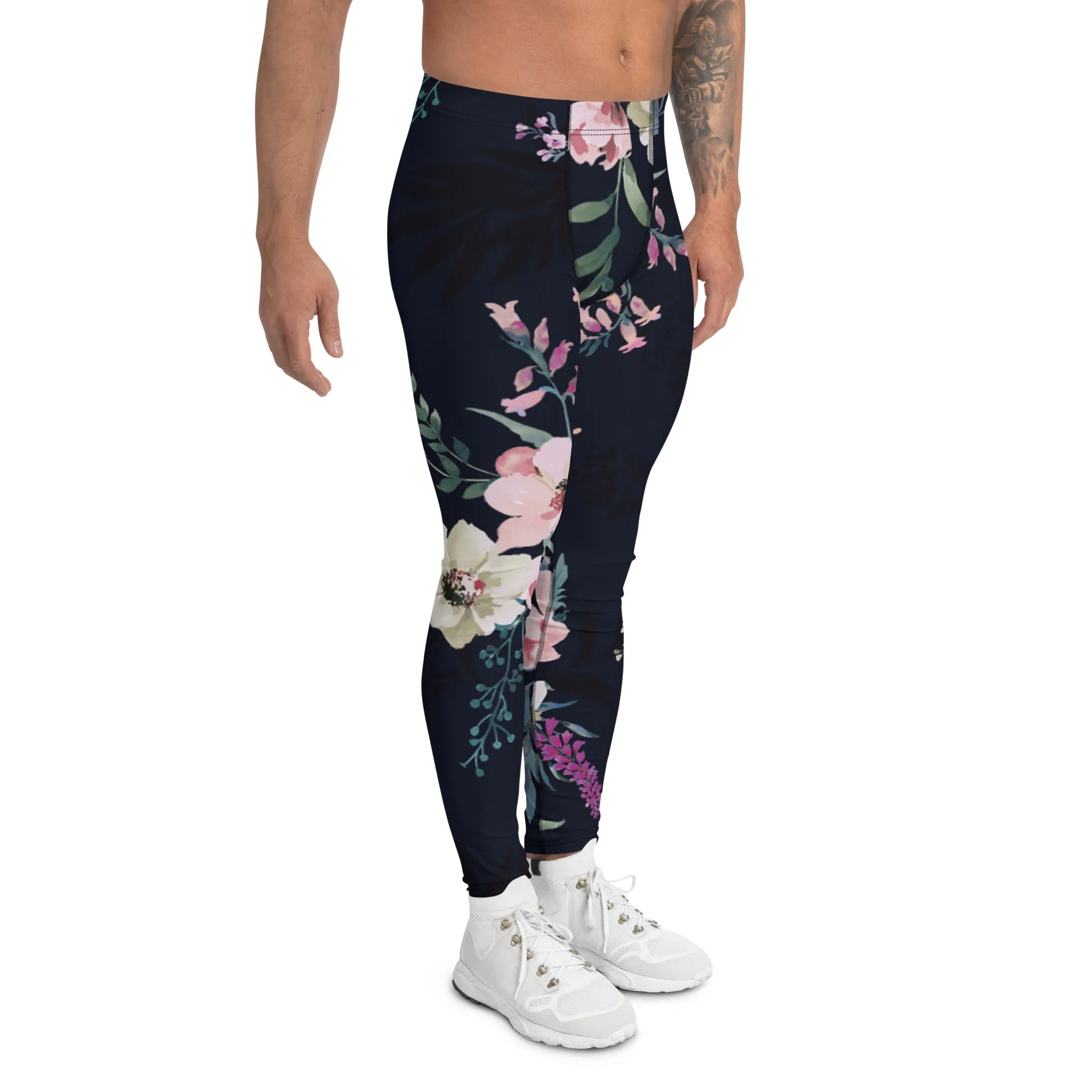 Black Floral Print Men's Leggings, Classic Flower Print Best Designer Compression Tights For Men-Made in USA/EU/MX