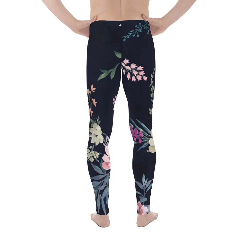Black Floral Print Men's Leggings, Classic Flower Print Best Designer Compression Tights For Men-Made in USA/EU/MX