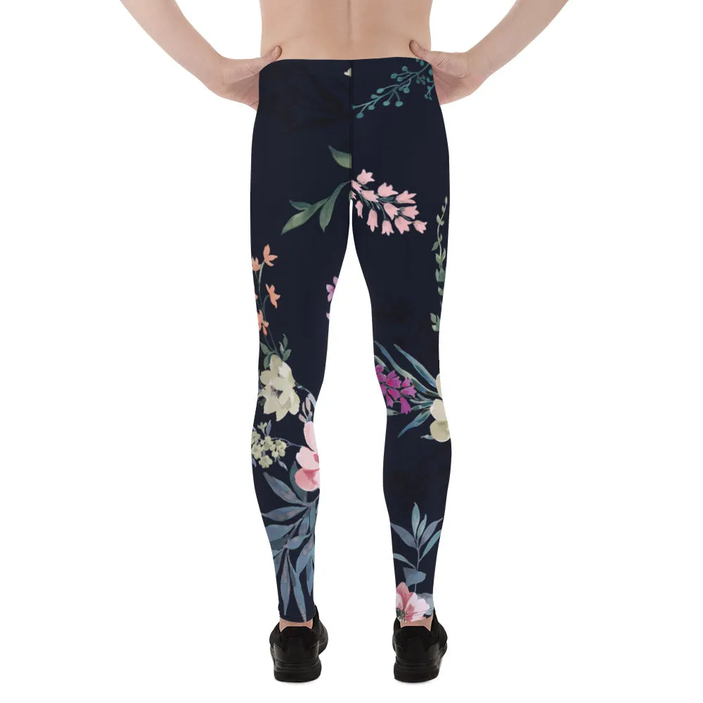 Black Floral Print Men's Leggings, Classic Flower Print Best Designer Compression Tights For Men-Made in USA/EU/MX