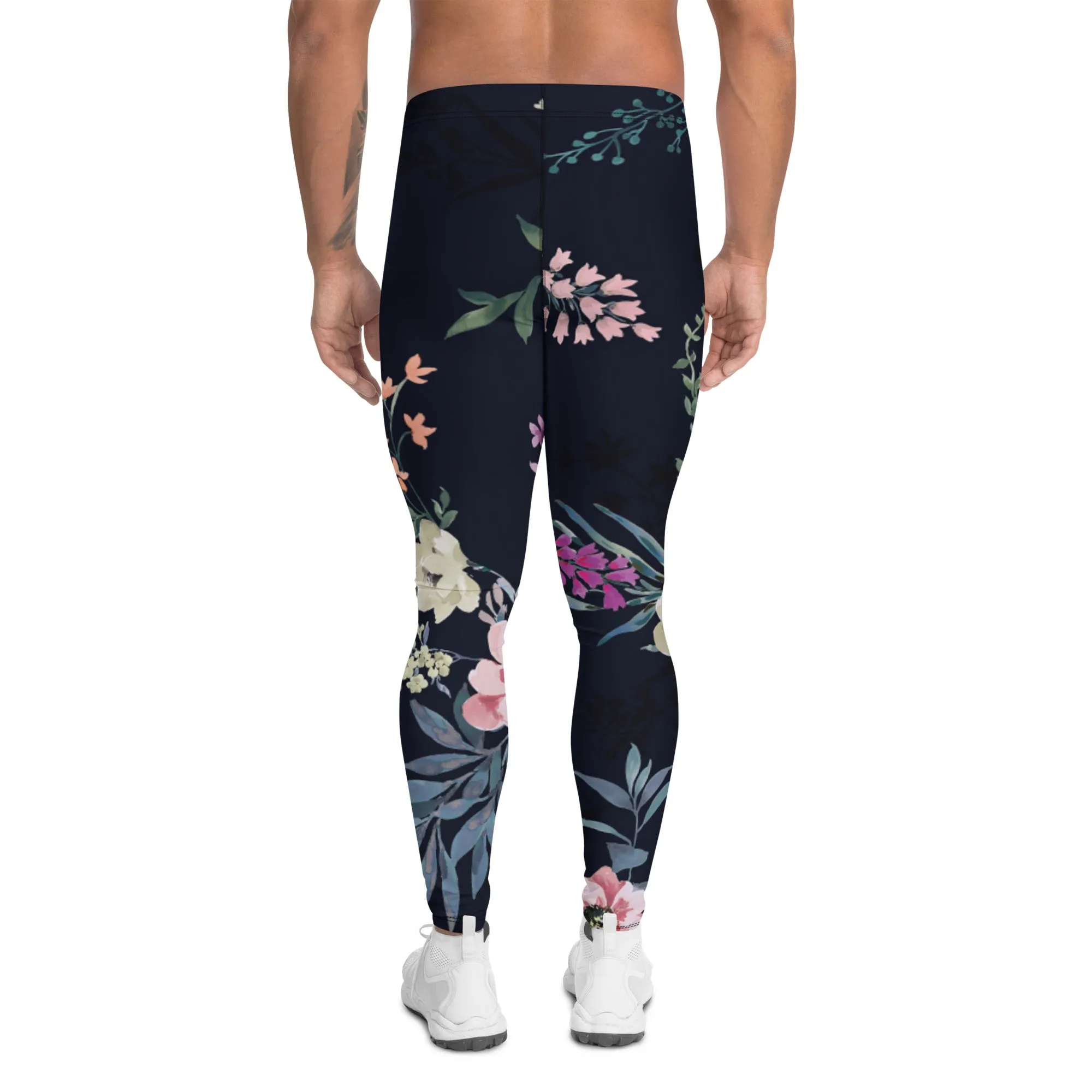 Black Floral Print Men's Leggings, Classic Flower Print Best Designer Compression Tights For Men-Made in USA/EU/MX