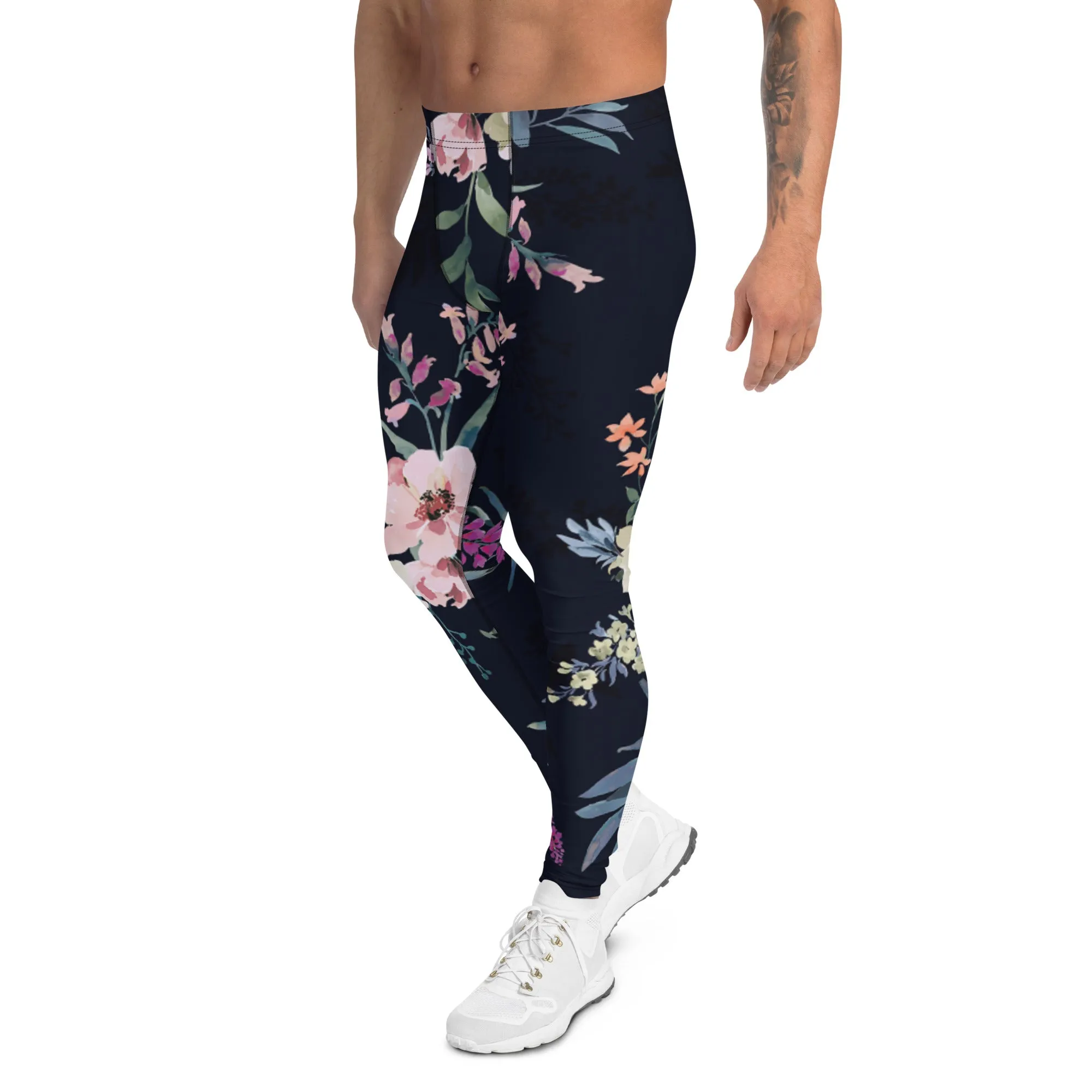 Black Floral Print Men's Leggings, Classic Flower Print Best Designer Compression Tights For Men-Made in USA/EU/MX