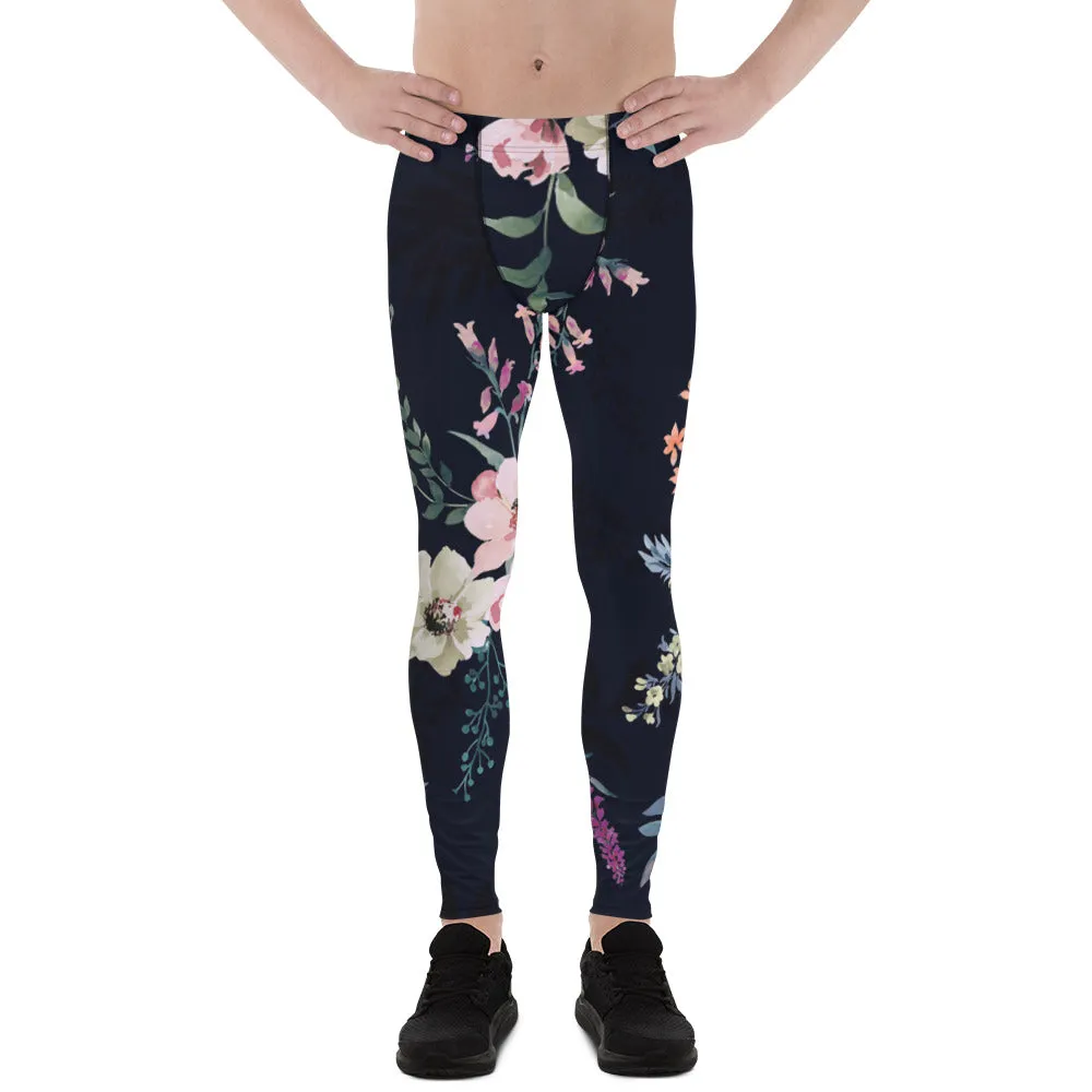 Black Floral Print Men's Leggings, Classic Flower Print Best Designer Compression Tights For Men-Made in USA/EU/MX