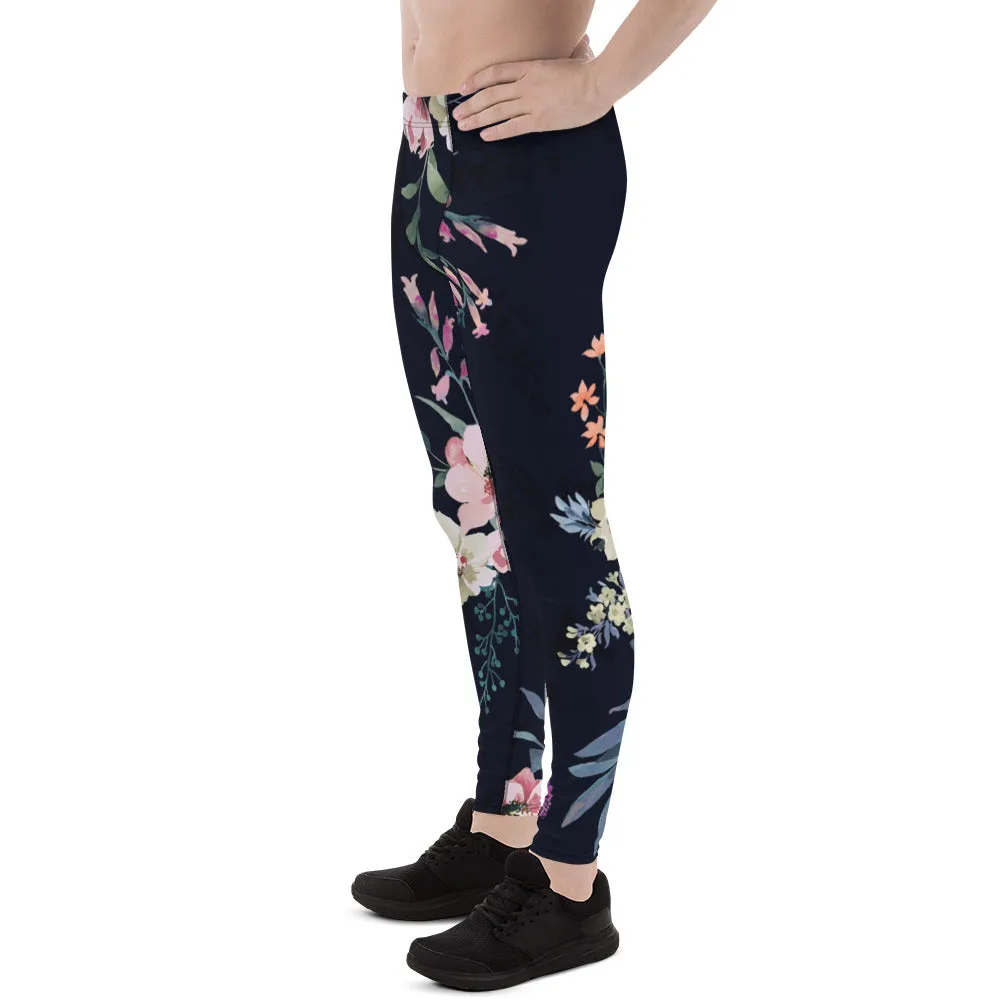 Black Floral Print Men's Leggings, Classic Flower Print Best Designer Compression Tights For Men-Made in USA/EU/MX