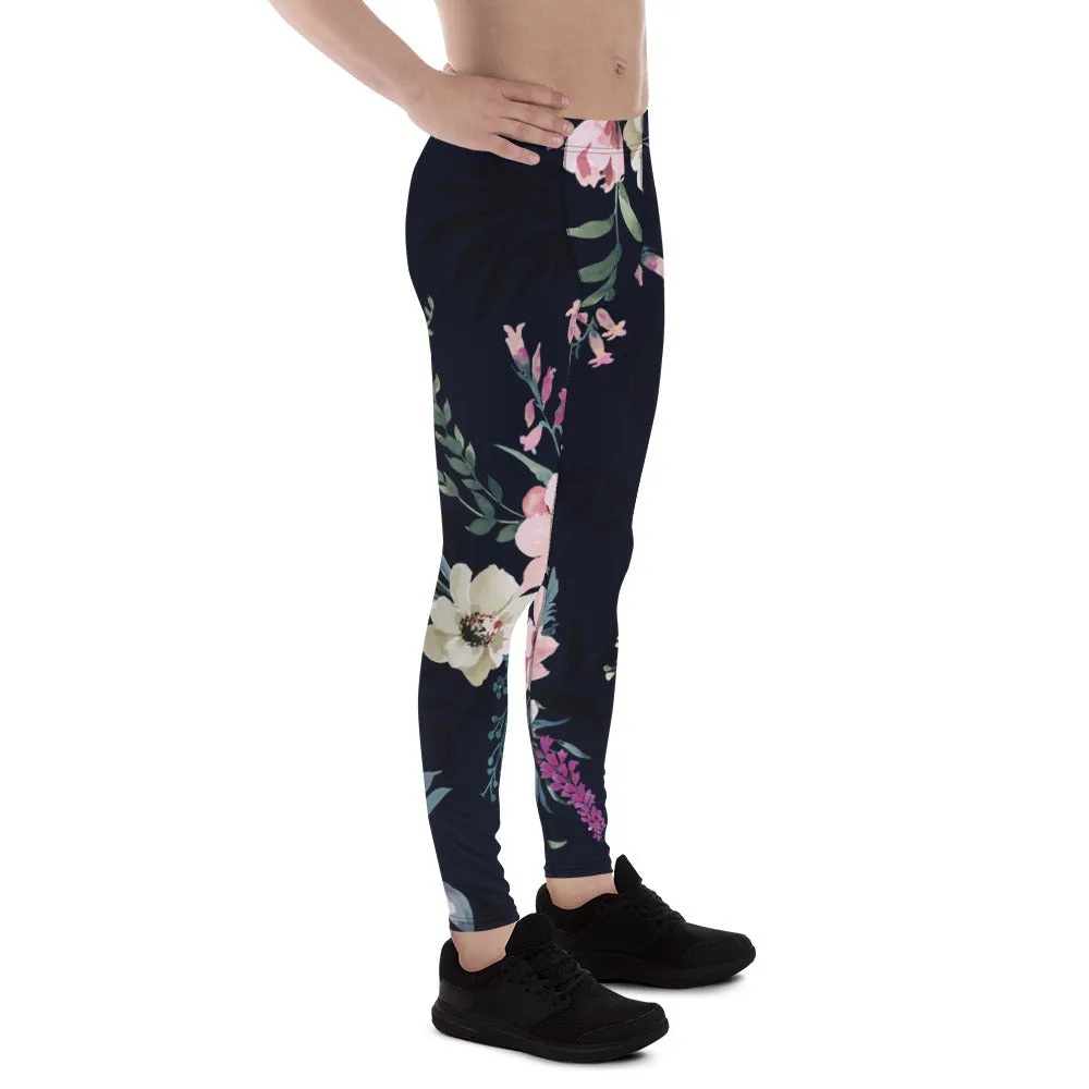 Black Floral Print Men's Leggings, Classic Flower Print Best Designer Compression Tights For Men-Made in USA/EU/MX