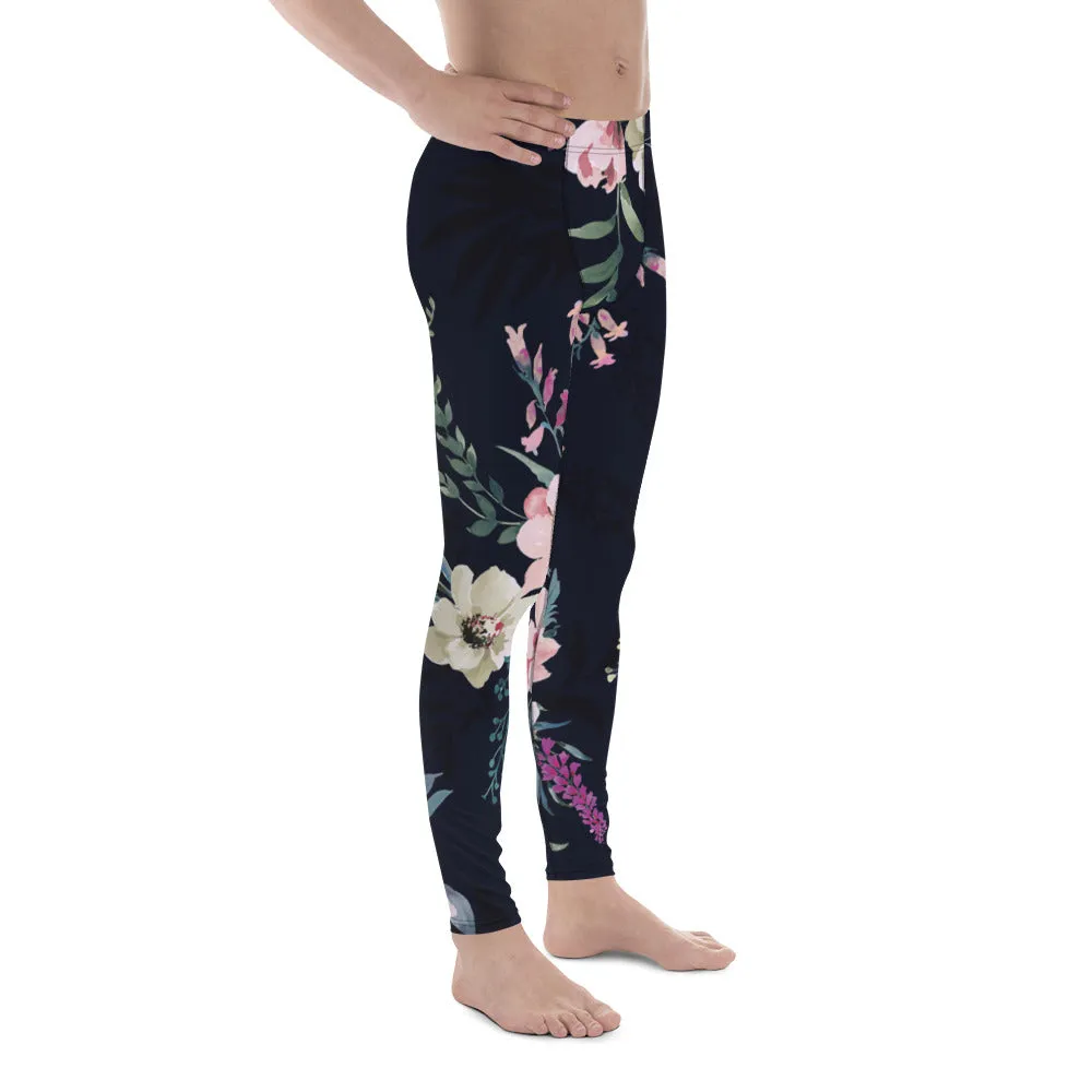 Black Floral Print Men's Leggings, Classic Flower Print Best Designer Compression Tights For Men-Made in USA/EU/MX