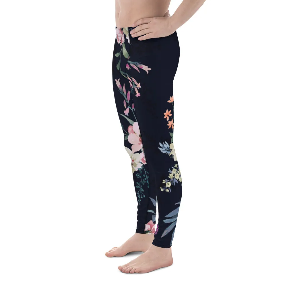 Black Floral Print Men's Leggings, Classic Flower Print Best Designer Compression Tights For Men-Made in USA/EU/MX