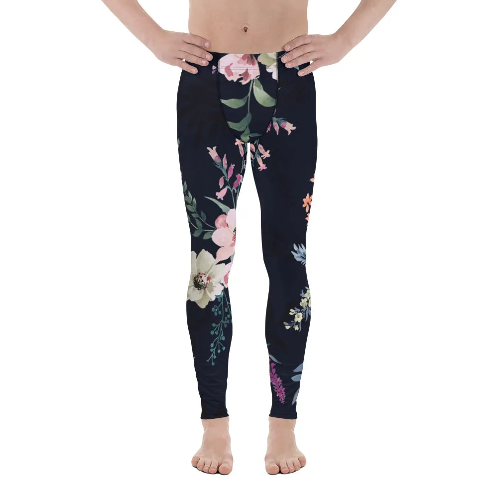 Black Floral Print Men's Leggings, Classic Flower Print Best Designer Compression Tights For Men-Made in USA/EU/MX