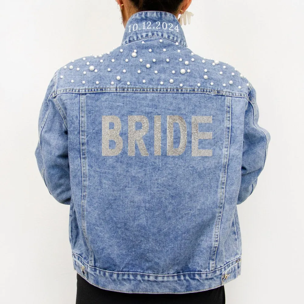 (Blue Pearl) Rhinestone Bride Patch Denim Jacket