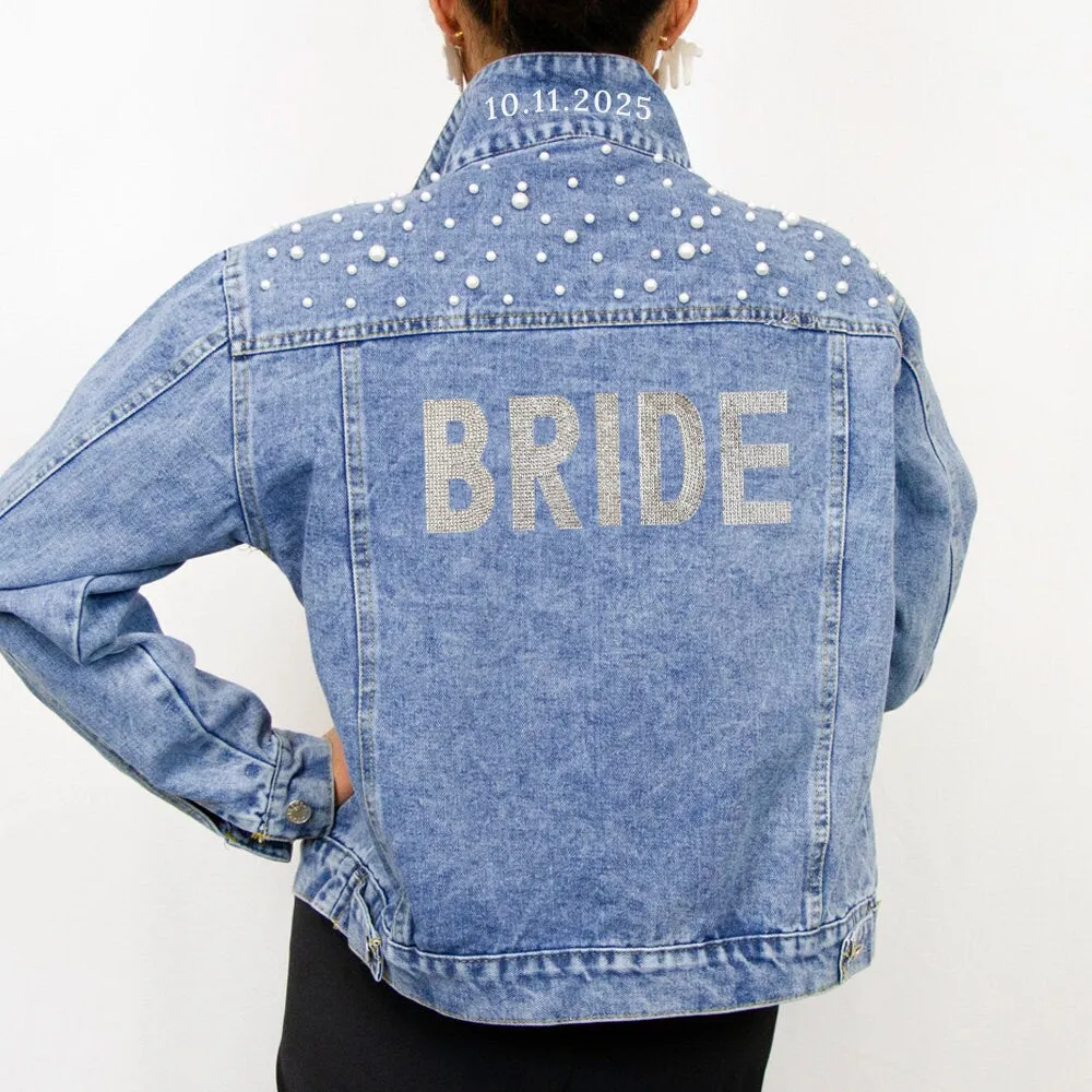 (Blue Pearl) Rhinestone Bride Patch Denim Jacket