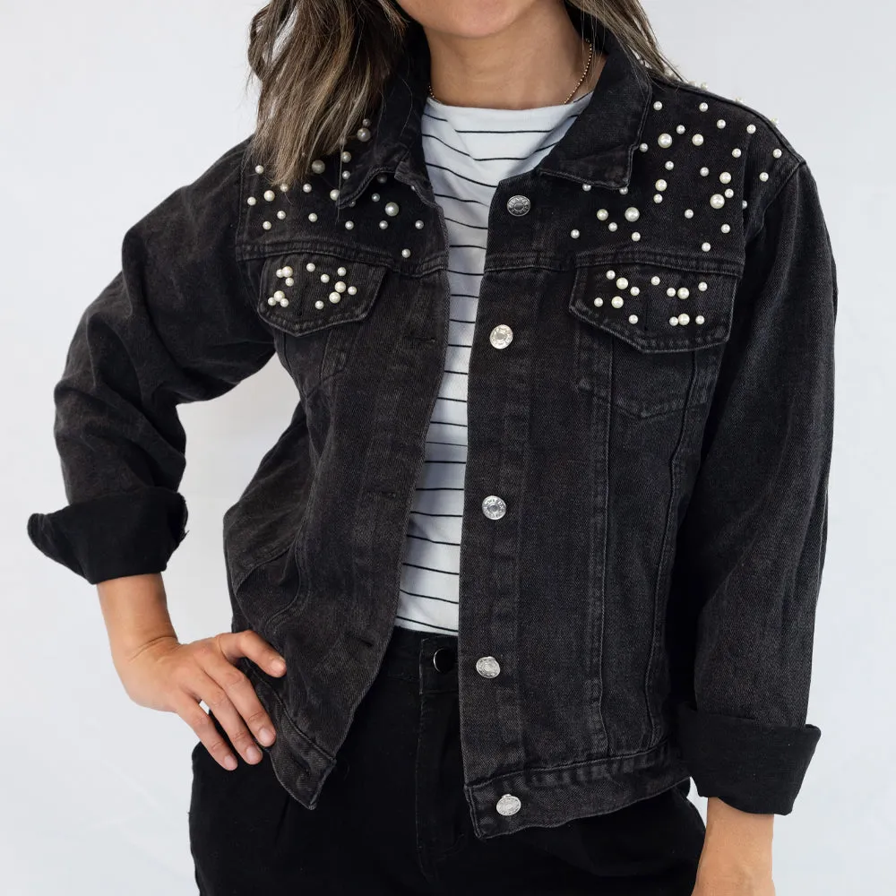 (Blue Pearl) Rhinestone Bride Patch Denim Jacket