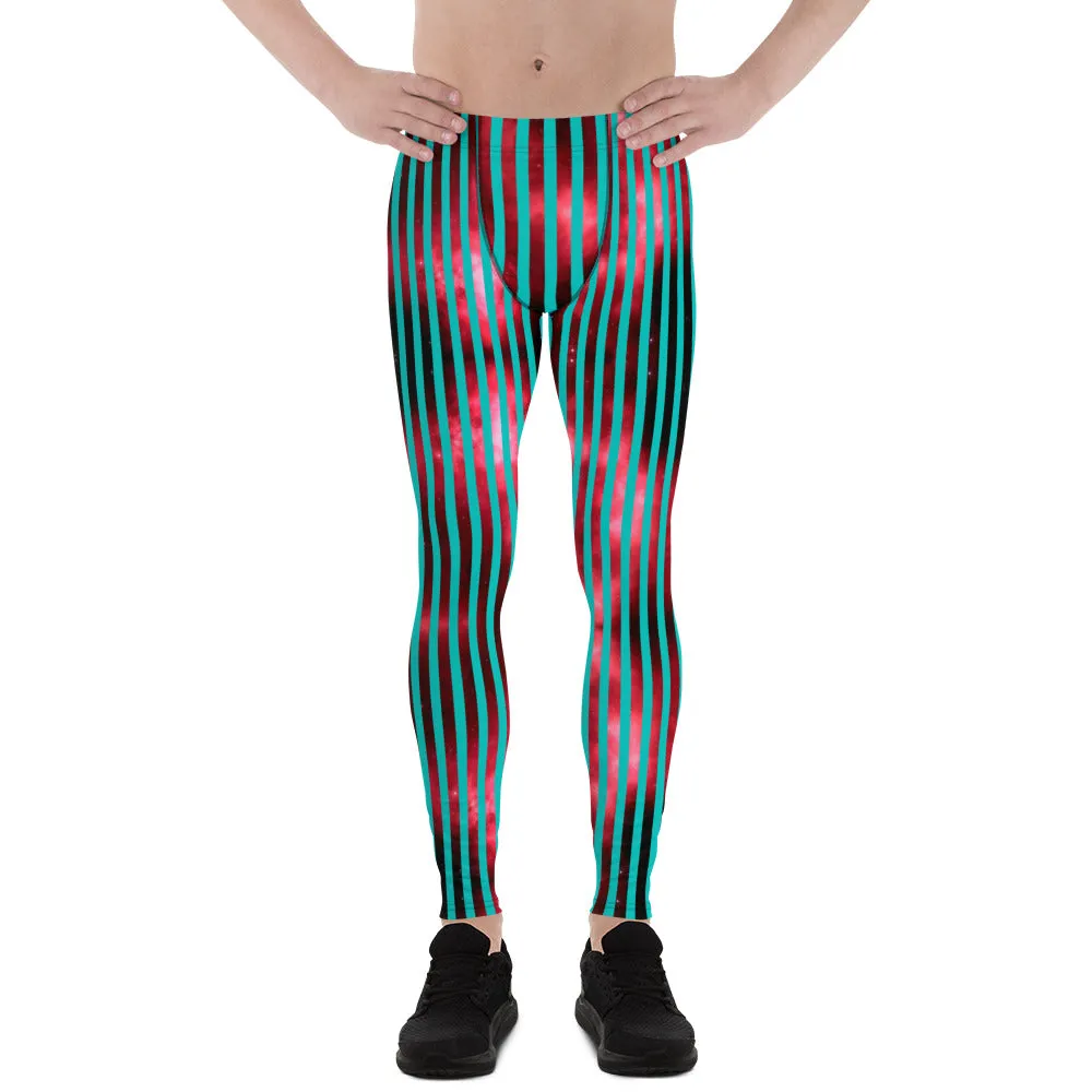 Blue Red Striped Men's Leggings, Colorful Best Compression Tights For Men - Made in USA/EU/MX