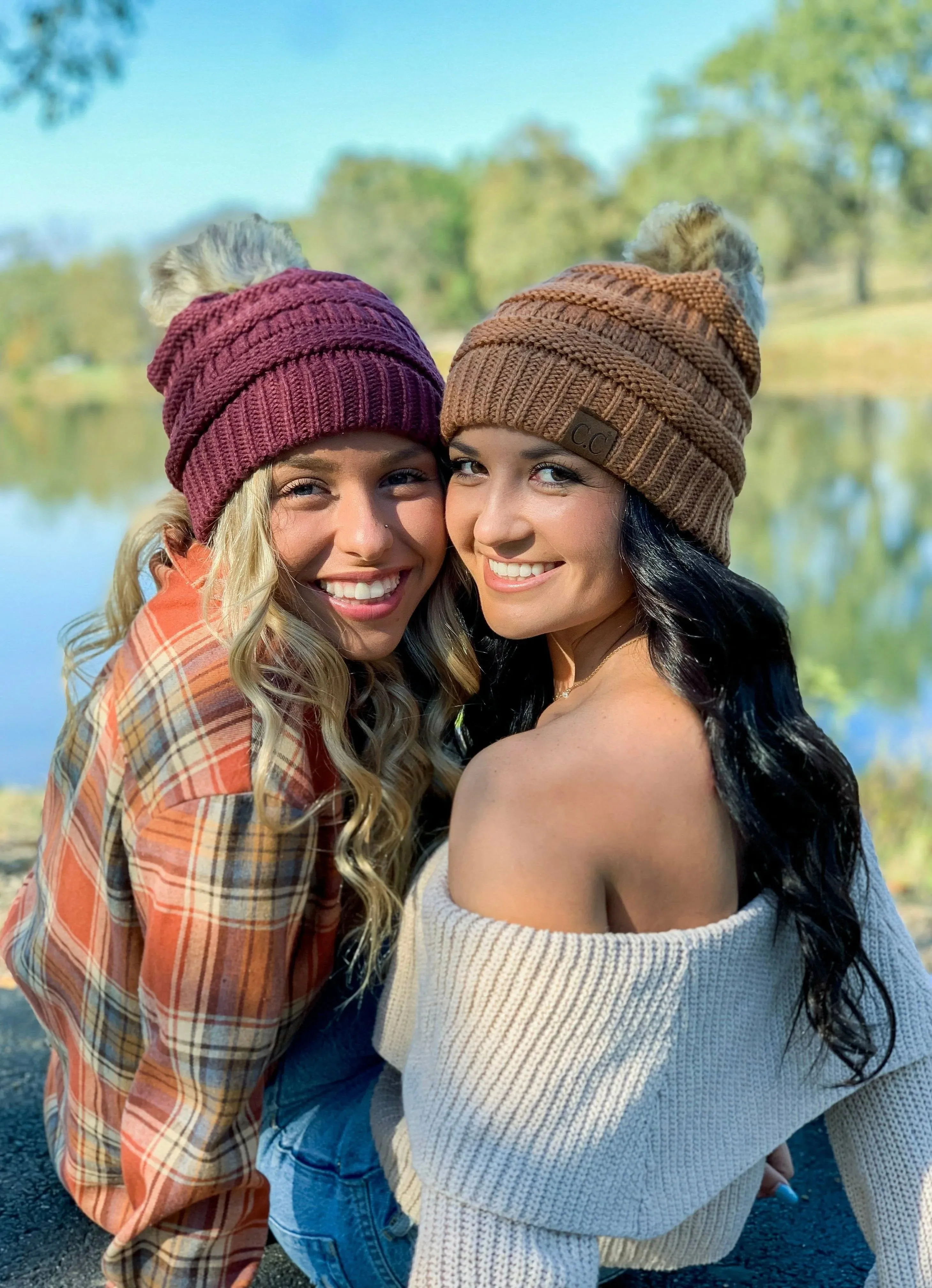 C.C. Beanie Knit Faux Fur Pom Beanie-Coco Berry