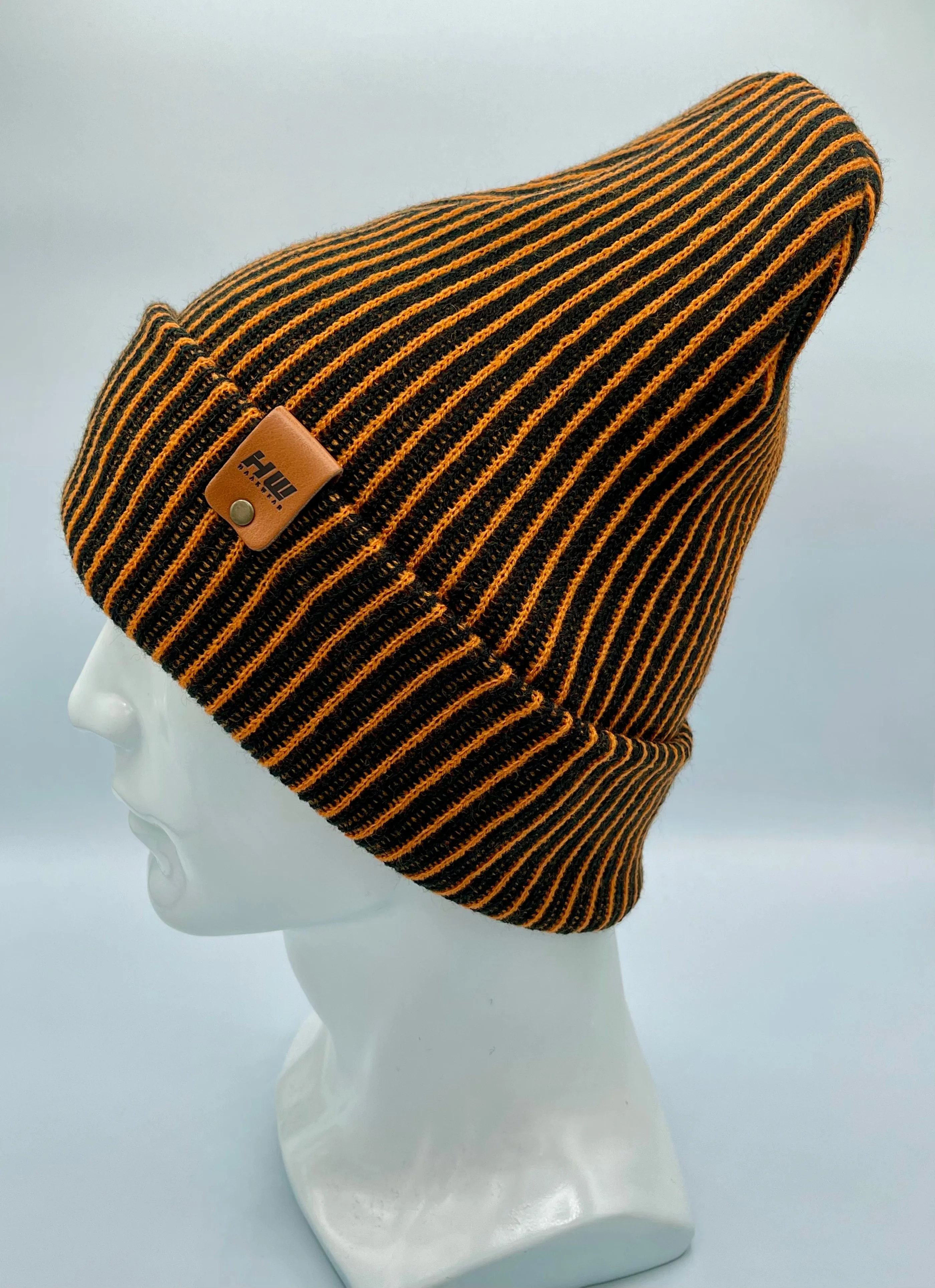 Cuffed Wide Ribbed Striped Beanie, Limited Edition, Orange/Black, Made in USA