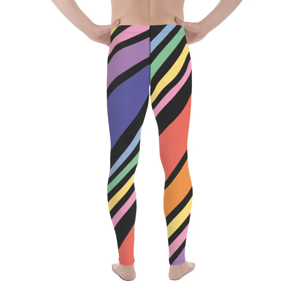 Diagonal Striped Rainbow Men's Leggings, Colorful Best Compression Tights For Men - Made in USA/EU/MX