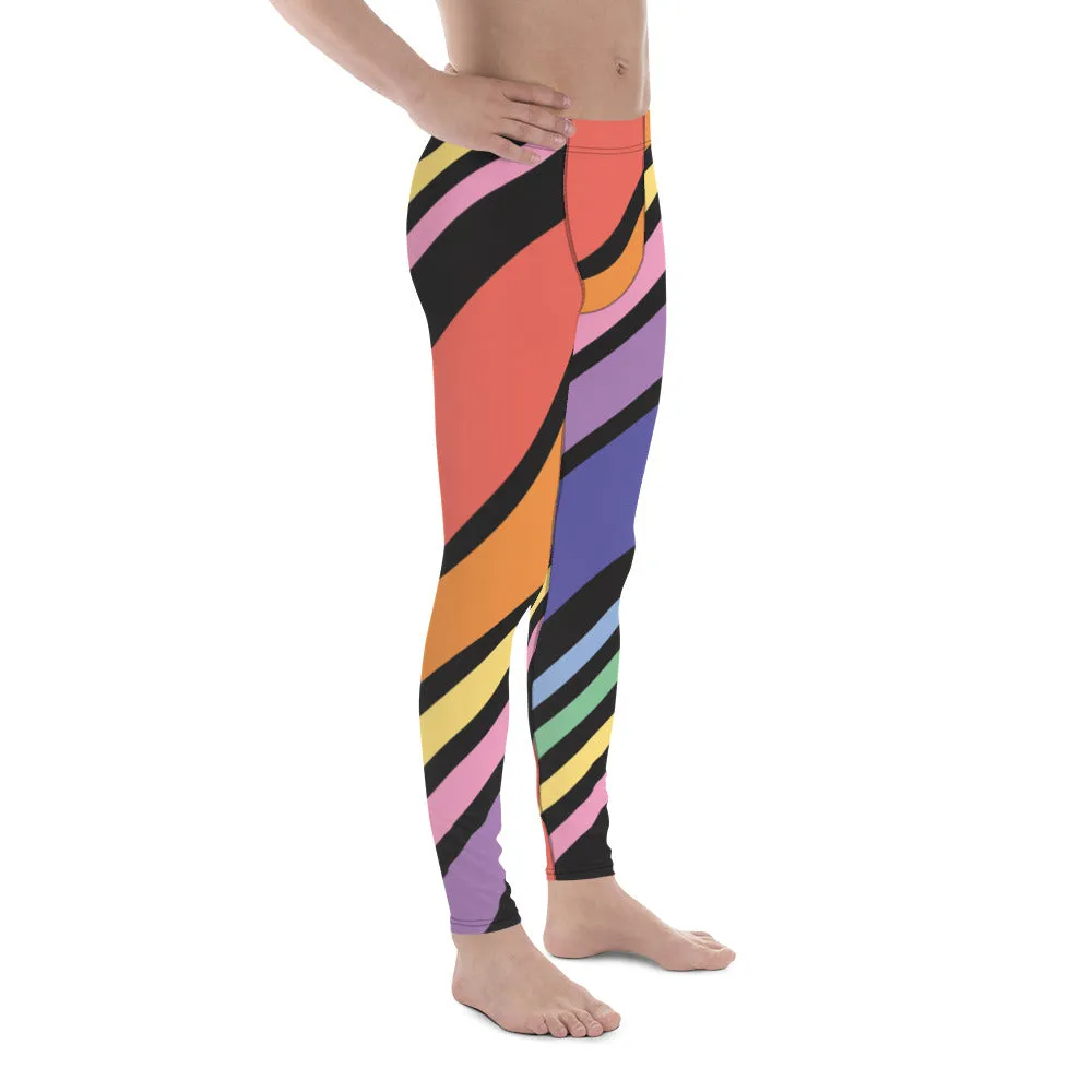 Diagonal Striped Rainbow Men's Leggings, Colorful Best Compression Tights For Men - Made in USA/EU/MX