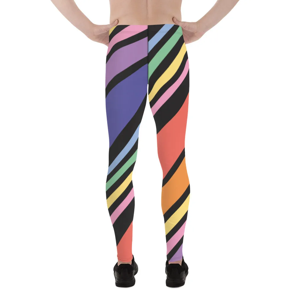 Diagonal Striped Rainbow Men's Leggings, Colorful Best Compression Tights For Men - Made in USA/EU/MX
