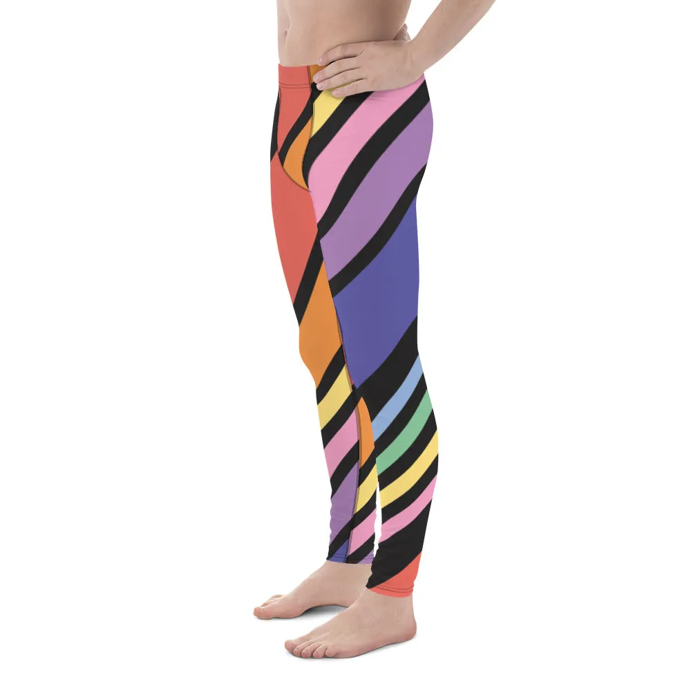 Diagonal Striped Rainbow Men's Leggings, Colorful Best Compression Tights For Men - Made in USA/EU/MX