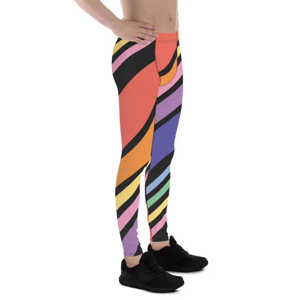 Diagonal Striped Rainbow Men's Leggings, Colorful Best Compression Tights For Men - Made in USA/EU/MX