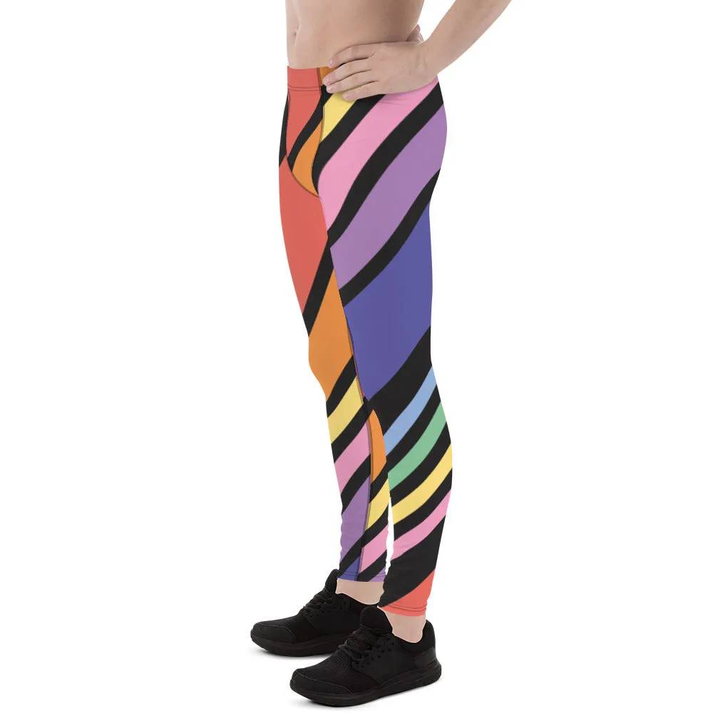 Diagonal Striped Rainbow Men's Leggings, Colorful Best Compression Tights For Men - Made in USA/EU/MX