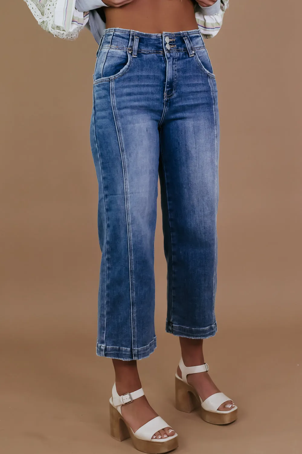 Double Button High Rise Front Seam Detail Jeans, RISEN