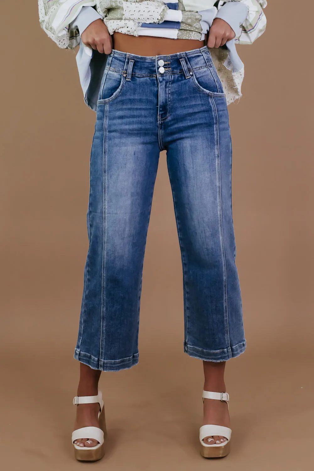 Double Button High Rise Front Seam Detail Jeans, RISEN