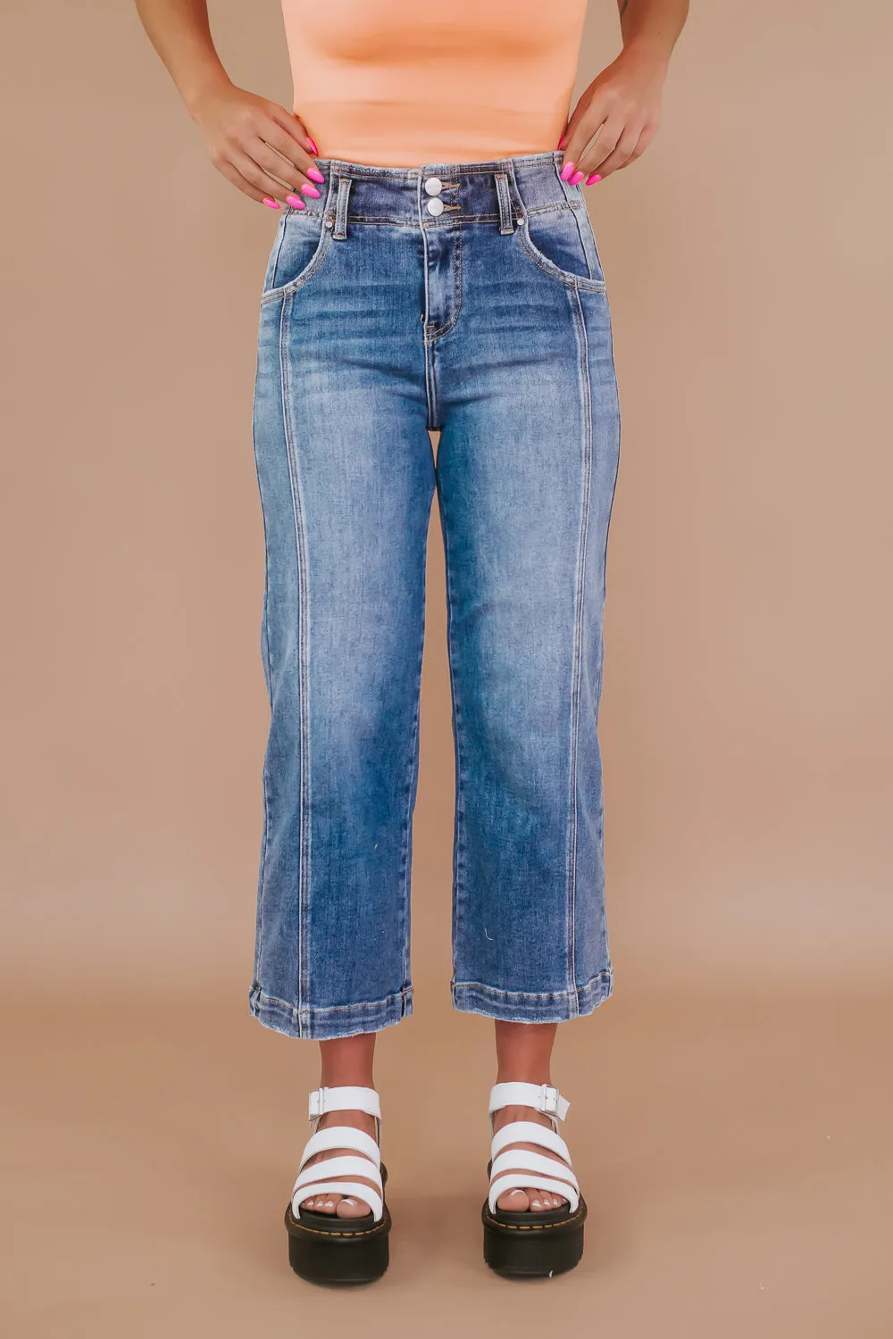 Double Button High Rise Front Seam Detail Jeans, RISEN