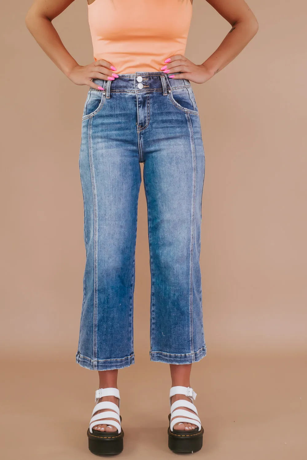 Double Button High Rise Front Seam Detail Jeans, RISEN