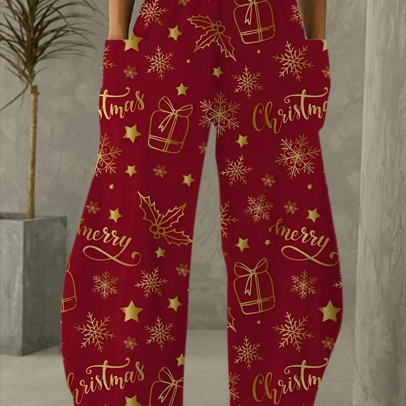Elegant High-Waisted Wide Leg Christmas Pants - 95% Polyester 5% Spandex with Festive Print, Asymmetrical Fall/Winter Trousers for Adults