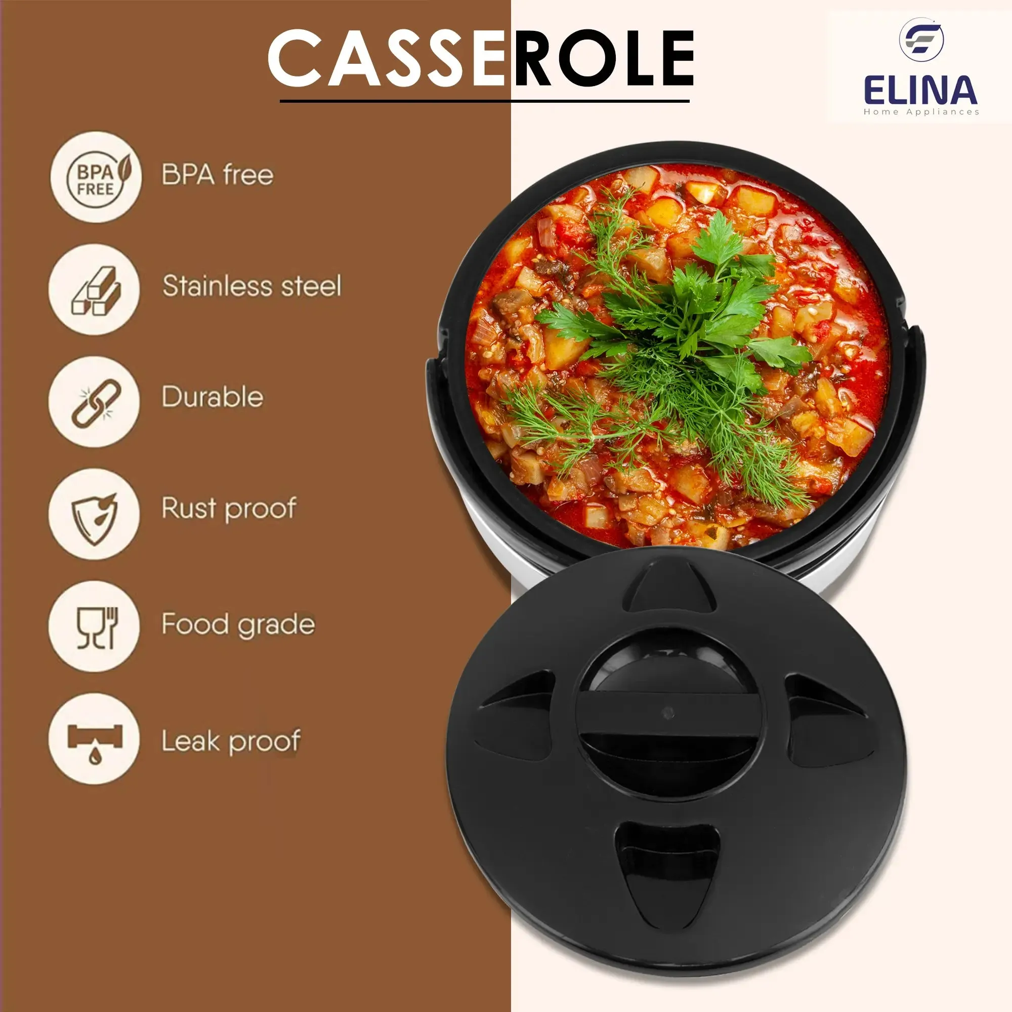 Elina Double Walled Insulated Stainless Steel Casserole 2.7L, Silver/Black