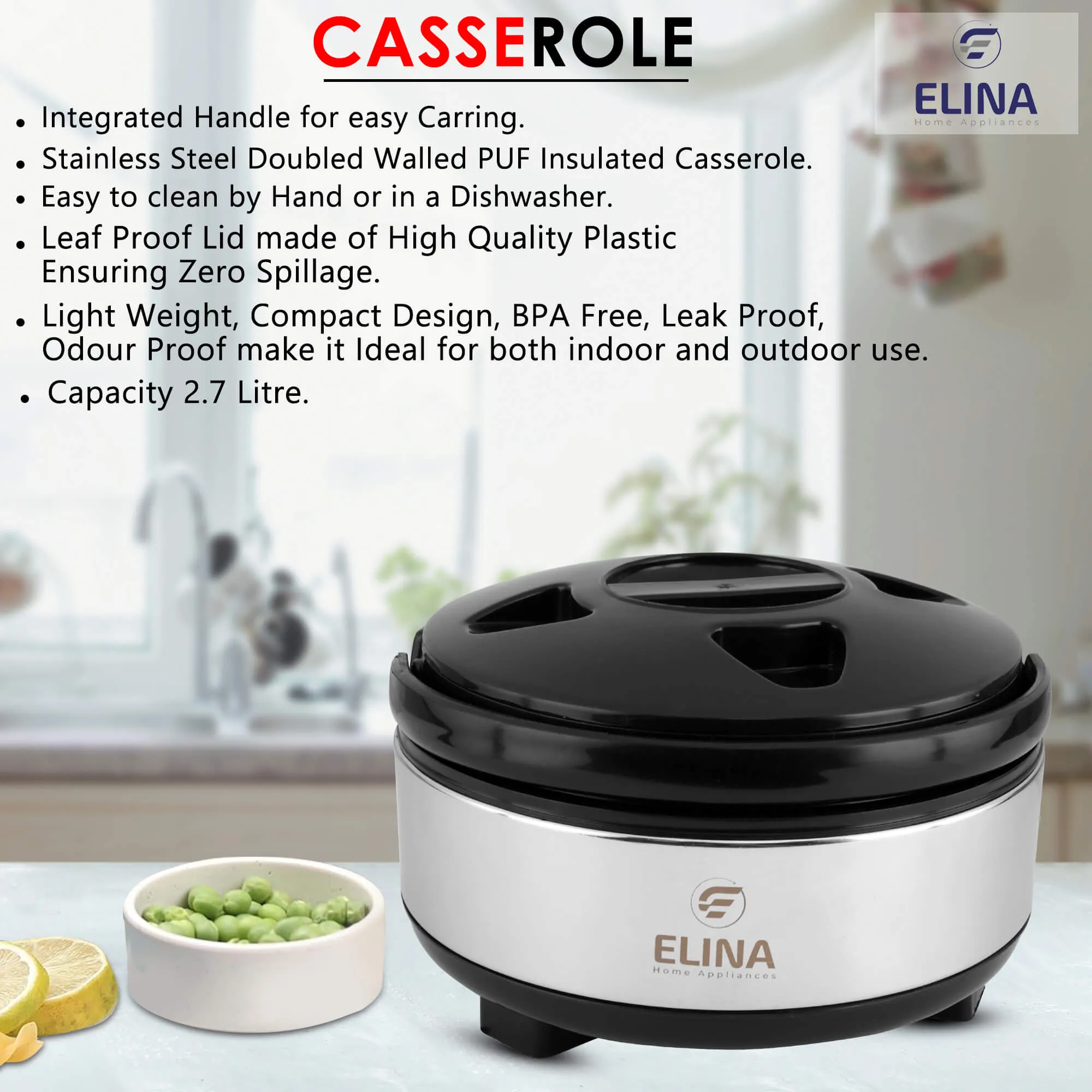 Elina Double Walled Insulated Stainless Steel Casserole 2.7L, Silver/Black