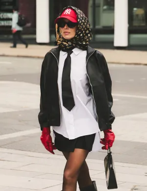 Faux Leather Oversized Bomber Jacket Black