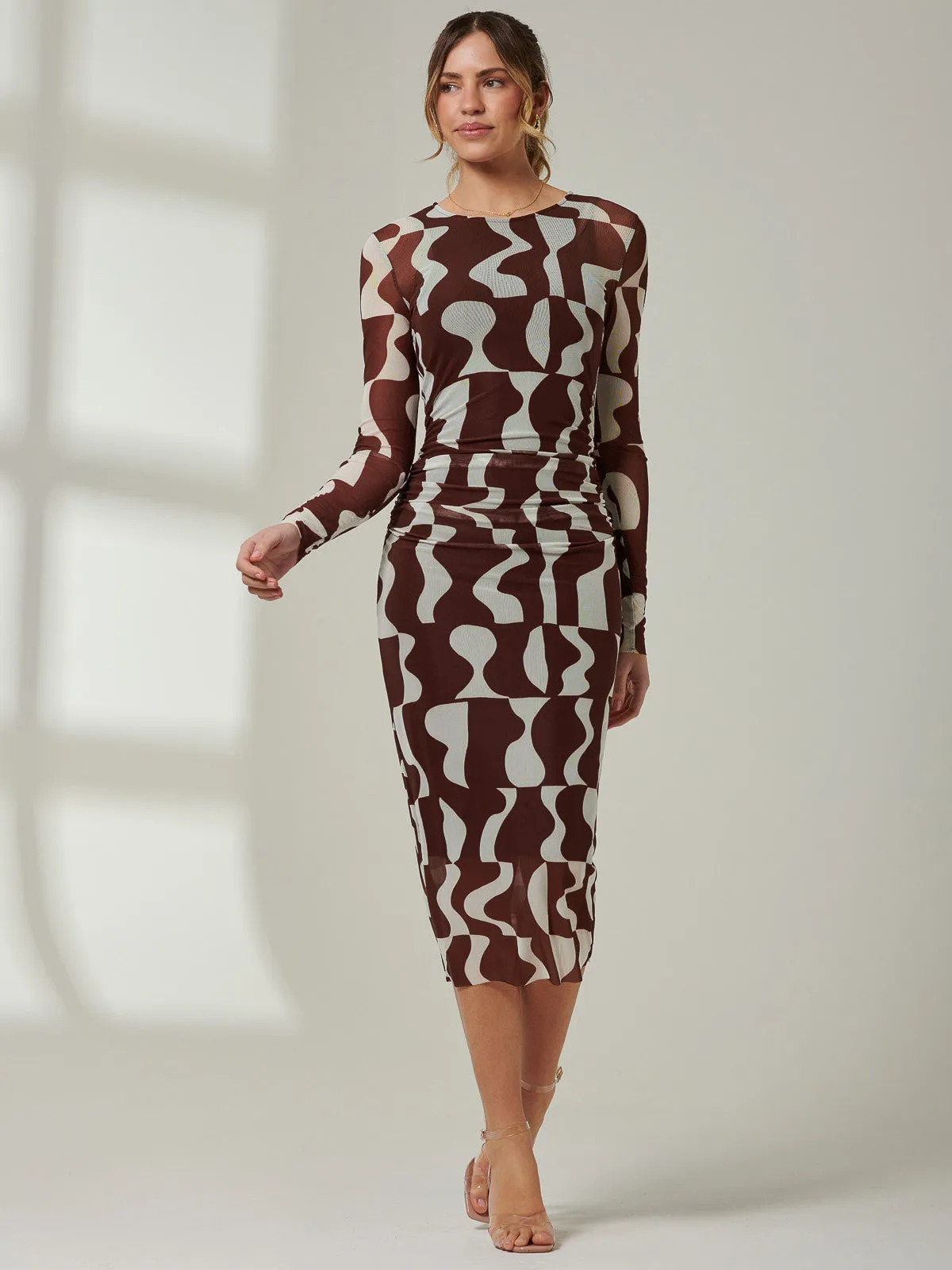 Gionna Mesh Long Sleeve Midaxi Dress, Brown Pattern