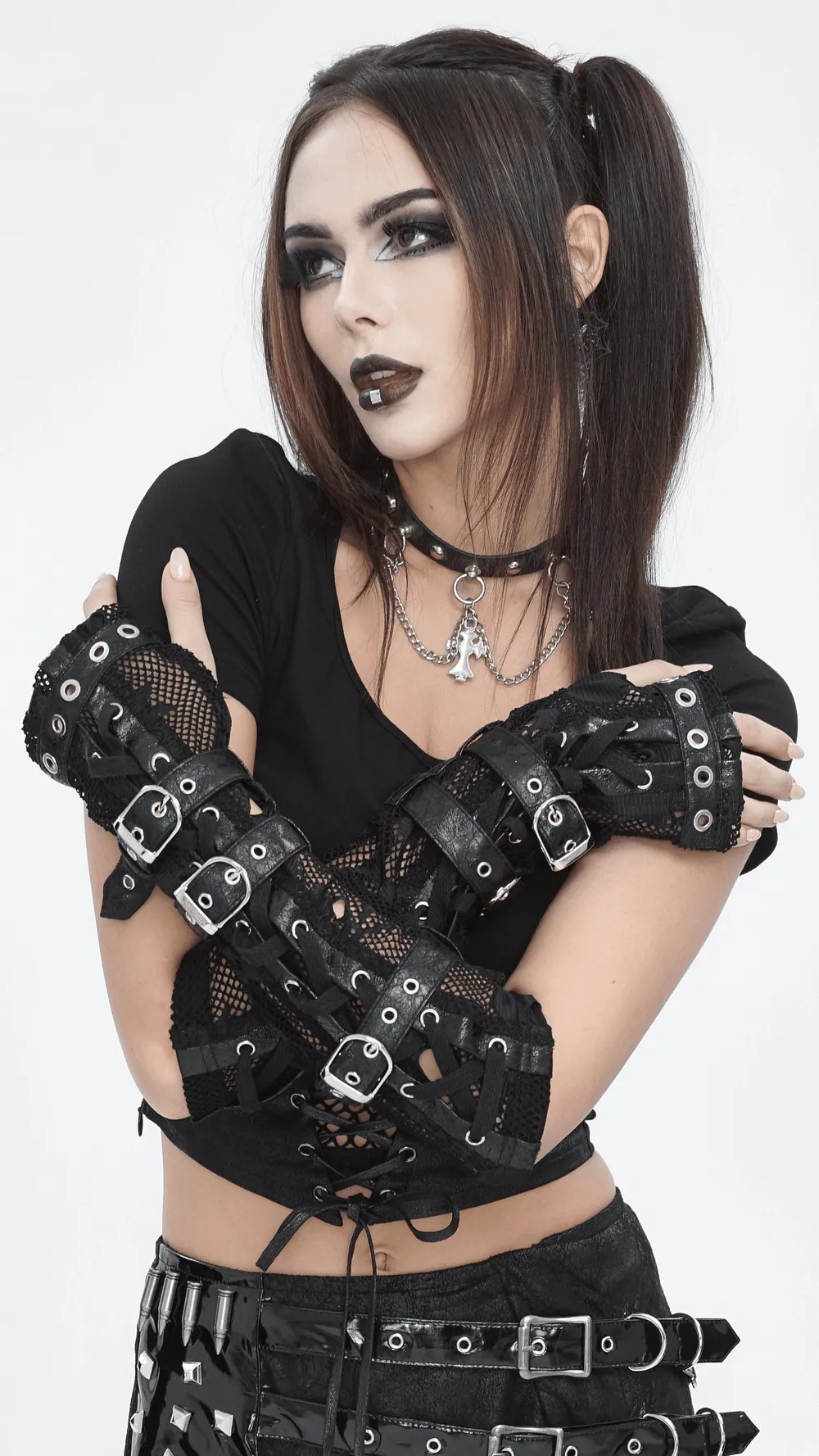 Gothic Black Fishnet Fingerless Gloves with Buckles