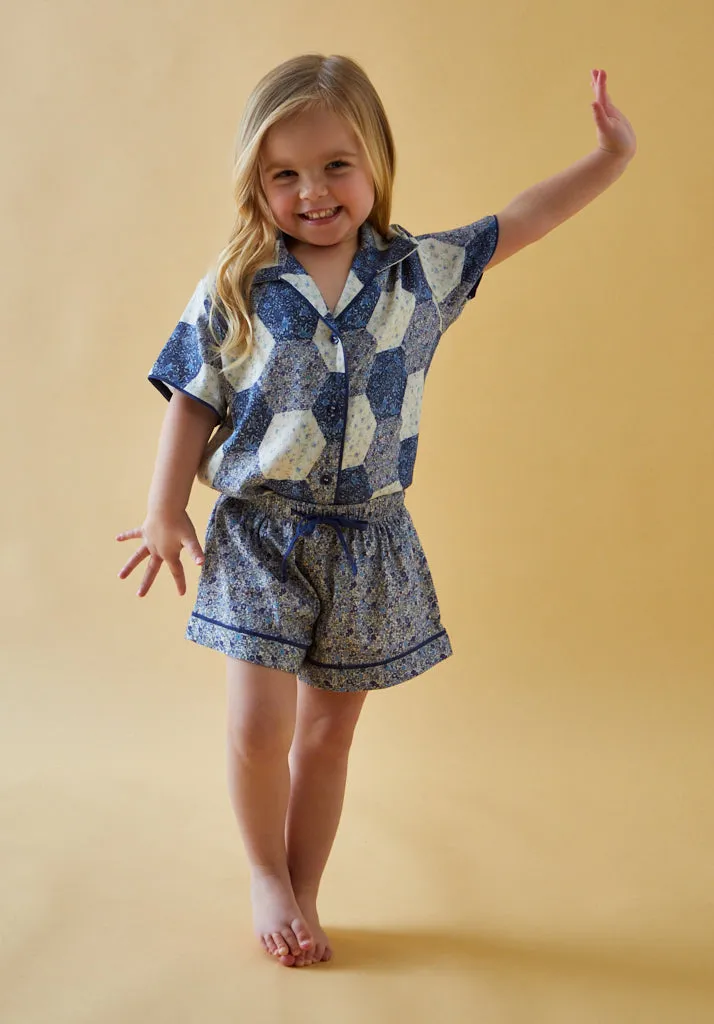 Keira Short Sleeve Aster Patchwork Print Pyjama Set In Blue