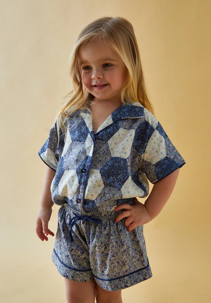 Keira Short Sleeve Aster Patchwork Print Pyjama Set In Blue