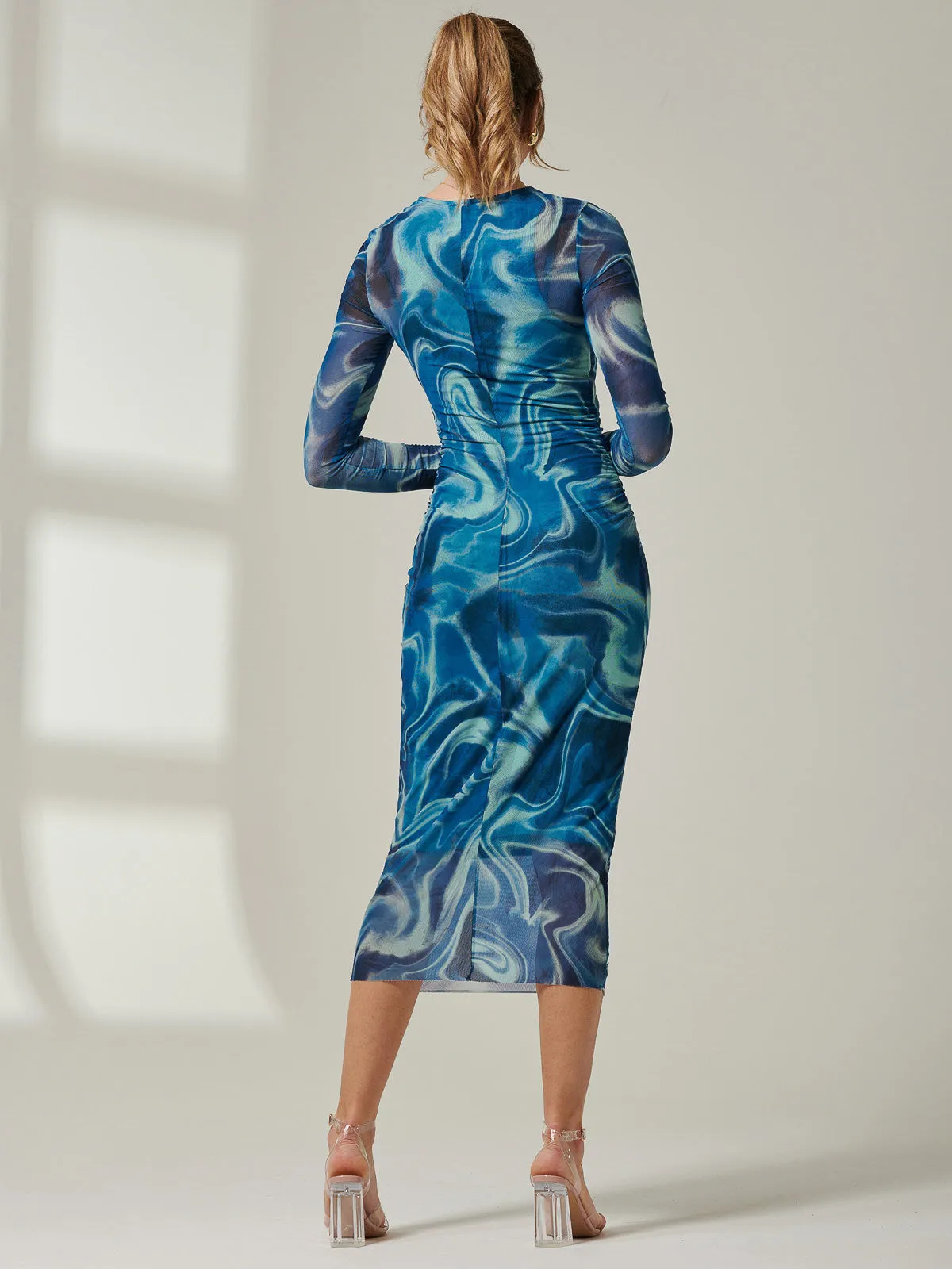 Mabyn Mesh Long Sleeve Midaxi Dress, Blue Multi