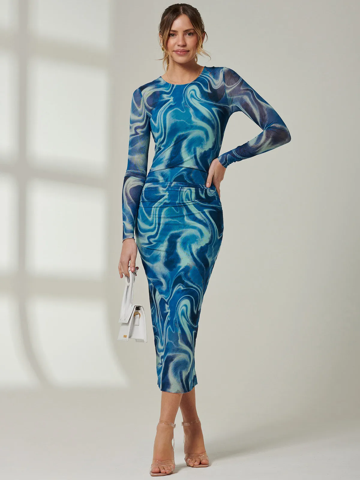Mabyn Mesh Long Sleeve Midaxi Dress, Blue Multi