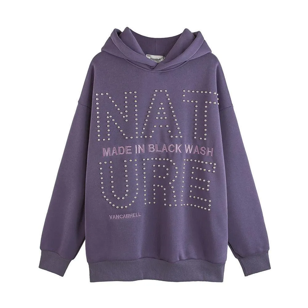 Men's European and American Style Hot Drilling Letter Loose Sweatshirt - Hooded Cotton Blend with Wool Liner