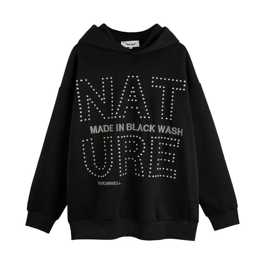 Men's European and American Style Hot Drilling Letter Loose Sweatshirt - Hooded Cotton Blend with Wool Liner