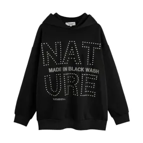 Men's European and American Style Hot Drilling Letter Loose Sweatshirt - Hooded Cotton Blend with Wool Liner