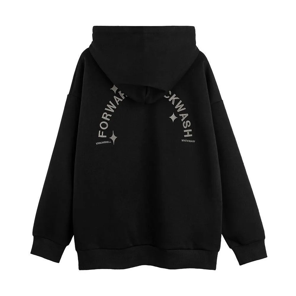 Men's European and American Style Hot Drilling Letter Loose Sweatshirt - Hooded Cotton Blend with Wool Liner
