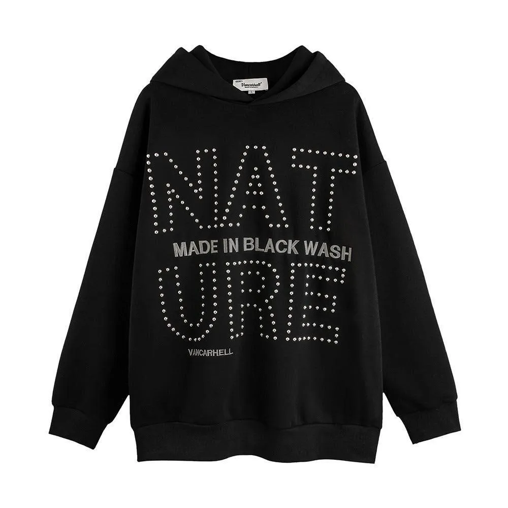 Men's European and American Style Hot Drilling Letter Loose Sweatshirt - Hooded Cotton Blend with Wool Liner