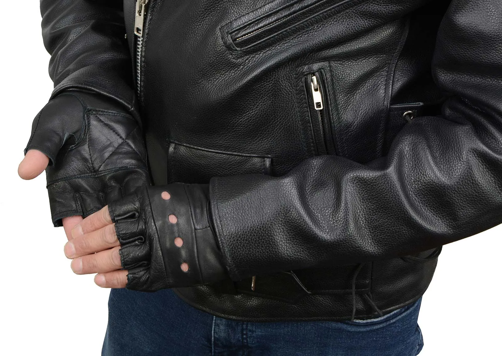Milwaukee Leather SH216 Men's Black Leather Gel Padded Palm Fingerless Motorcycle Hand Gloves W/ Breathable ‘Open Knuckle’