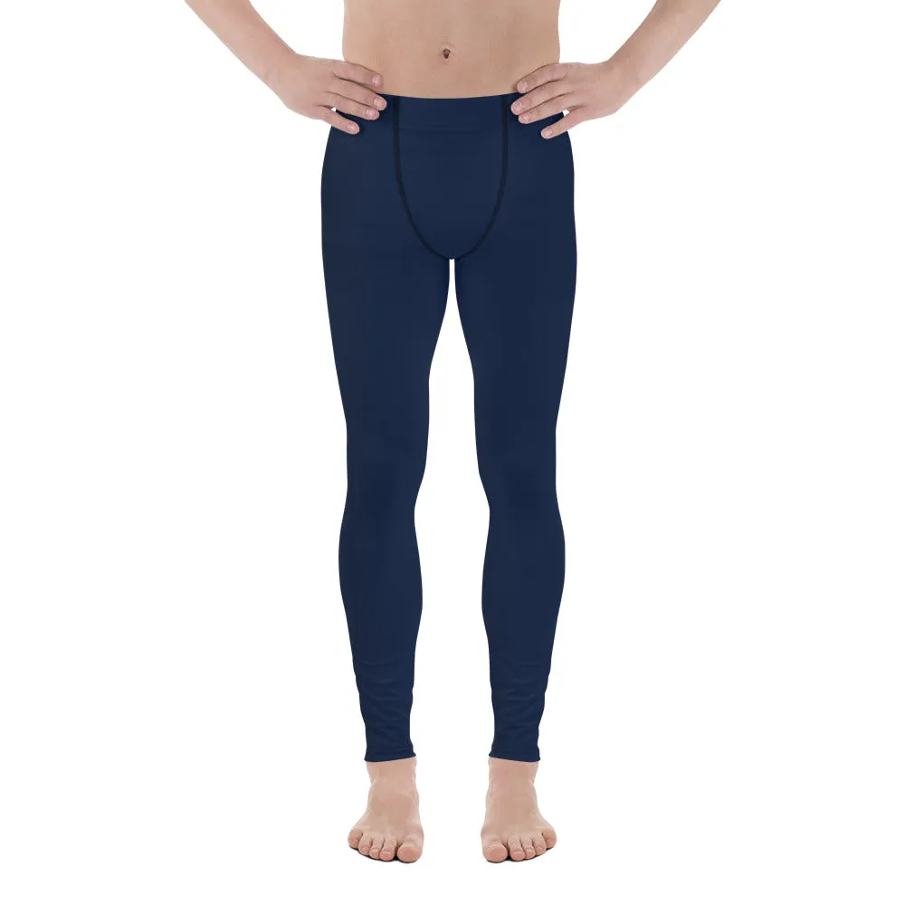 Navy Blue Men's Leggings, Solid Color Meggings Running Compression Tights For Men - Made in USA/EU